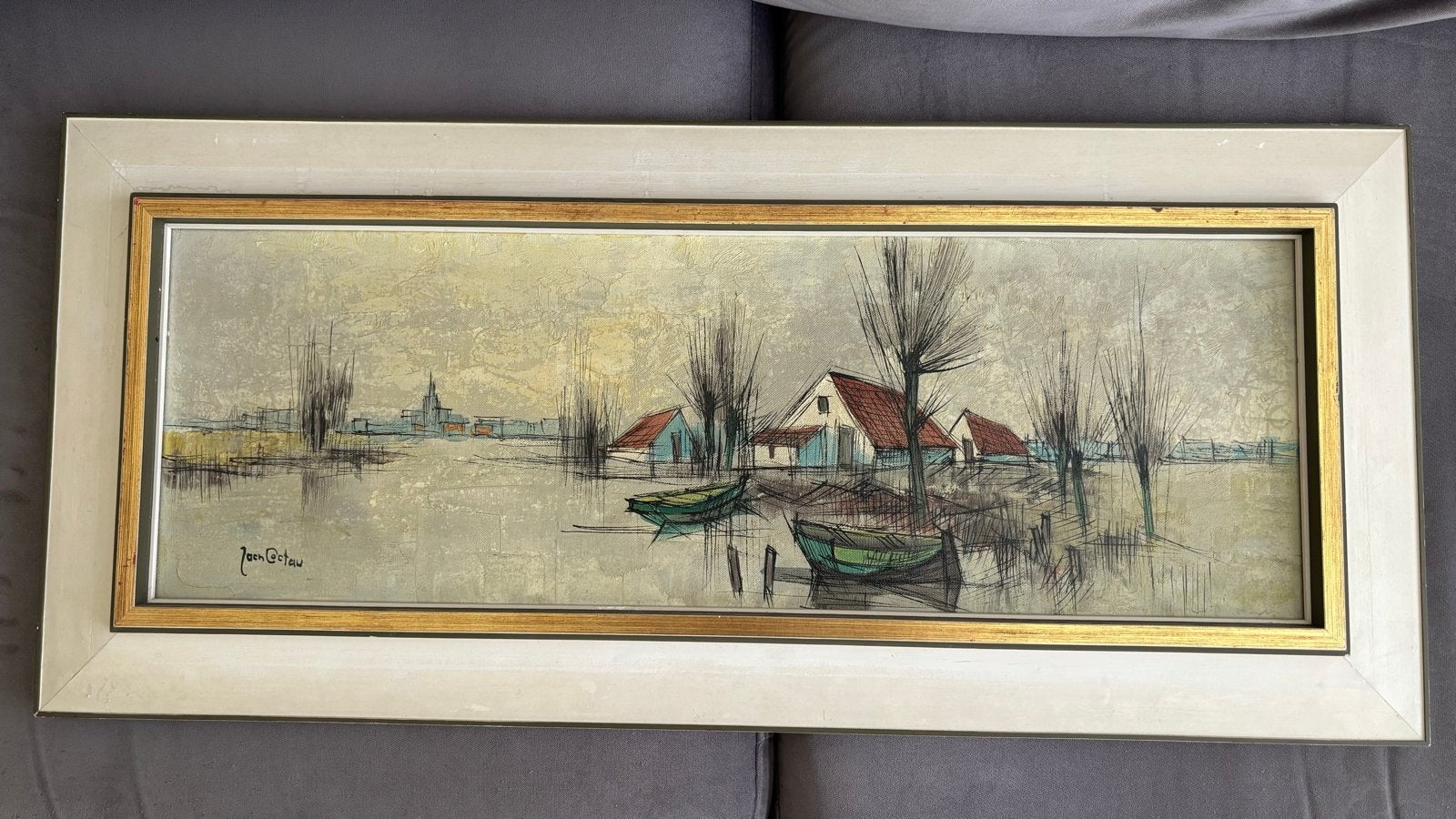 Schilderij: Winterlandschap met boten en huizen, Ophalen, Doek, Realistisch, Landschap