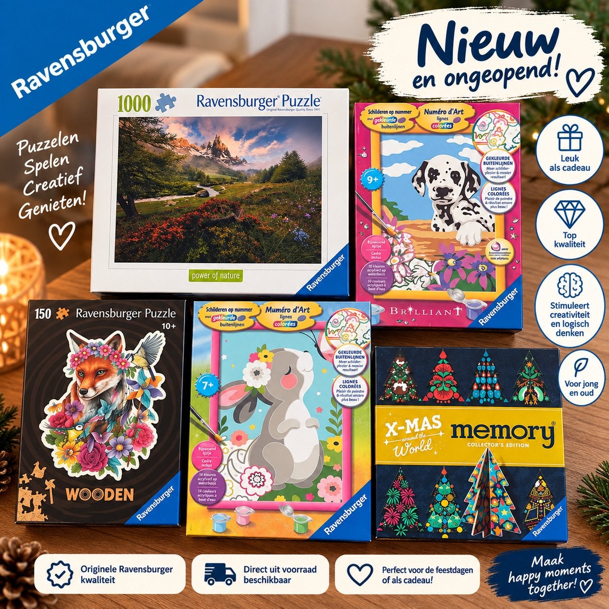 Nieuwe Ravensburger set: 5 puzzels, memory & schilderen, Nieuw, Van hout, 6 jaar of ouder, Meer dan 50 stukjes
