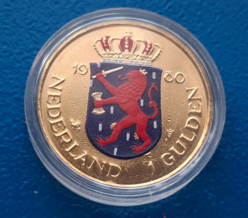 Nederland 1 gulden 1980 "dubbelkop" (verguld), Postzegels en Munten, Verzenden, Koningin Juliana, 1 gulden, Losse munt