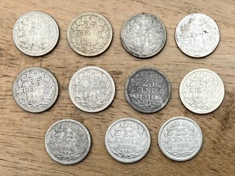 setje 25 cent Wilhelmina Hermelijnen Mantel (2), Postzegels en Munten, Munten | Nederland, Ophalen, Setje, Zilver, 25 cent