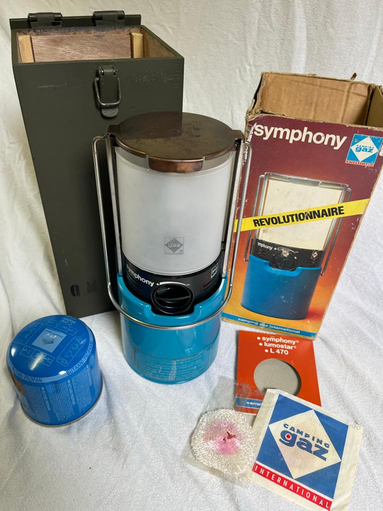 Campingaz Symphony Gaslamp in houten opbergkist, Ophalen of Verzenden, Gebruikt