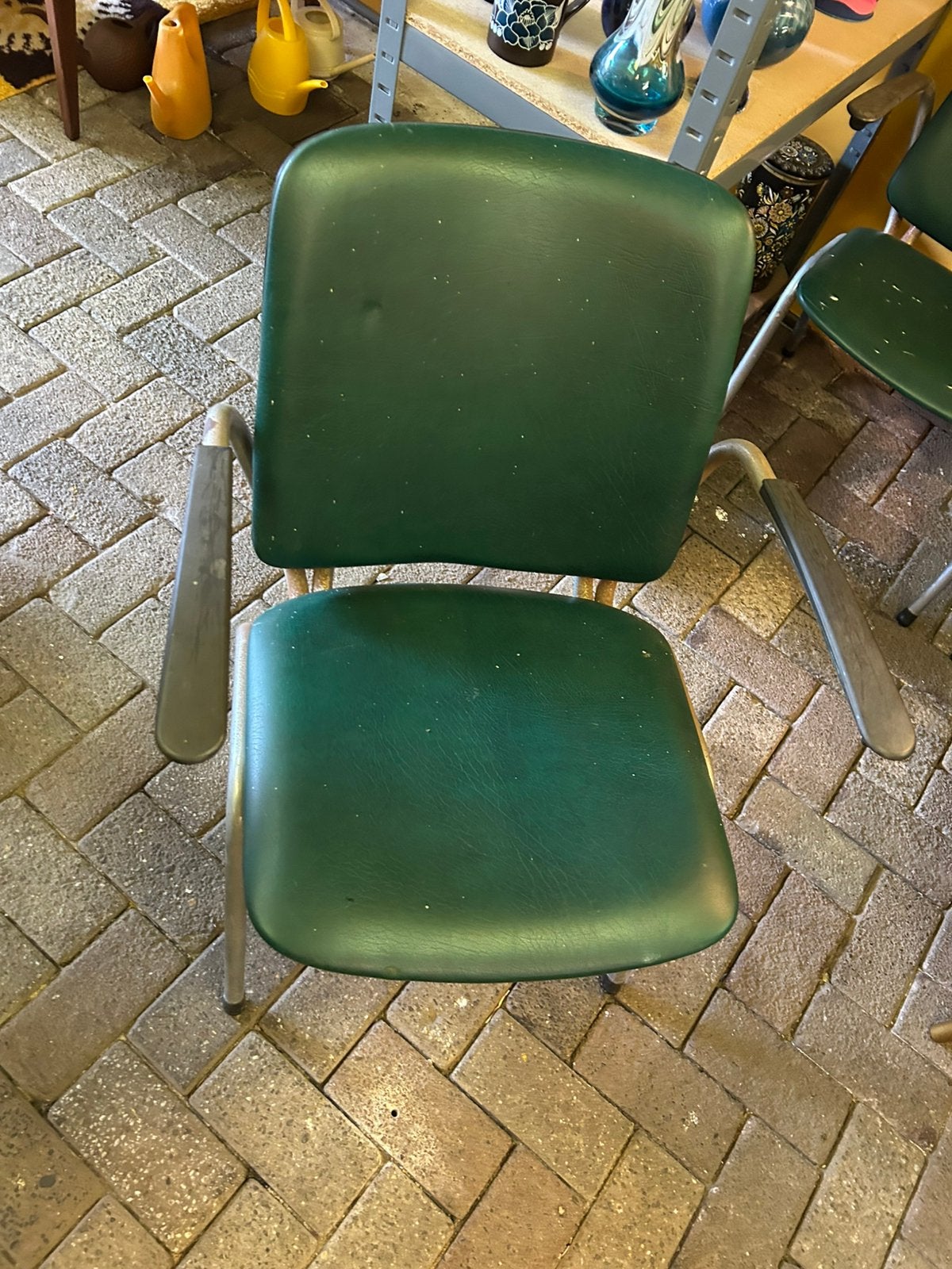 Set vintage/ industriële buisframe groene stoelen, 6 stuks, Ophalen, Huis en Inrichting