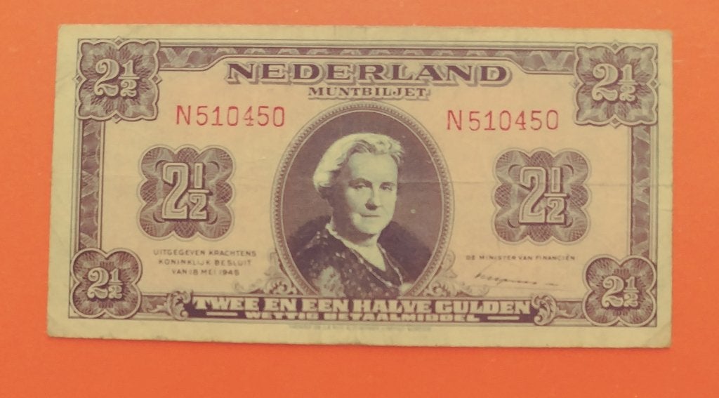 Bankbiljet 2,5 gld.1945, ZELDZAME MISDRUK, cat. PL16.a1M, Postzegels en Munten, Bankbiljetten | Nederland, Verzenden, 2½ gulden