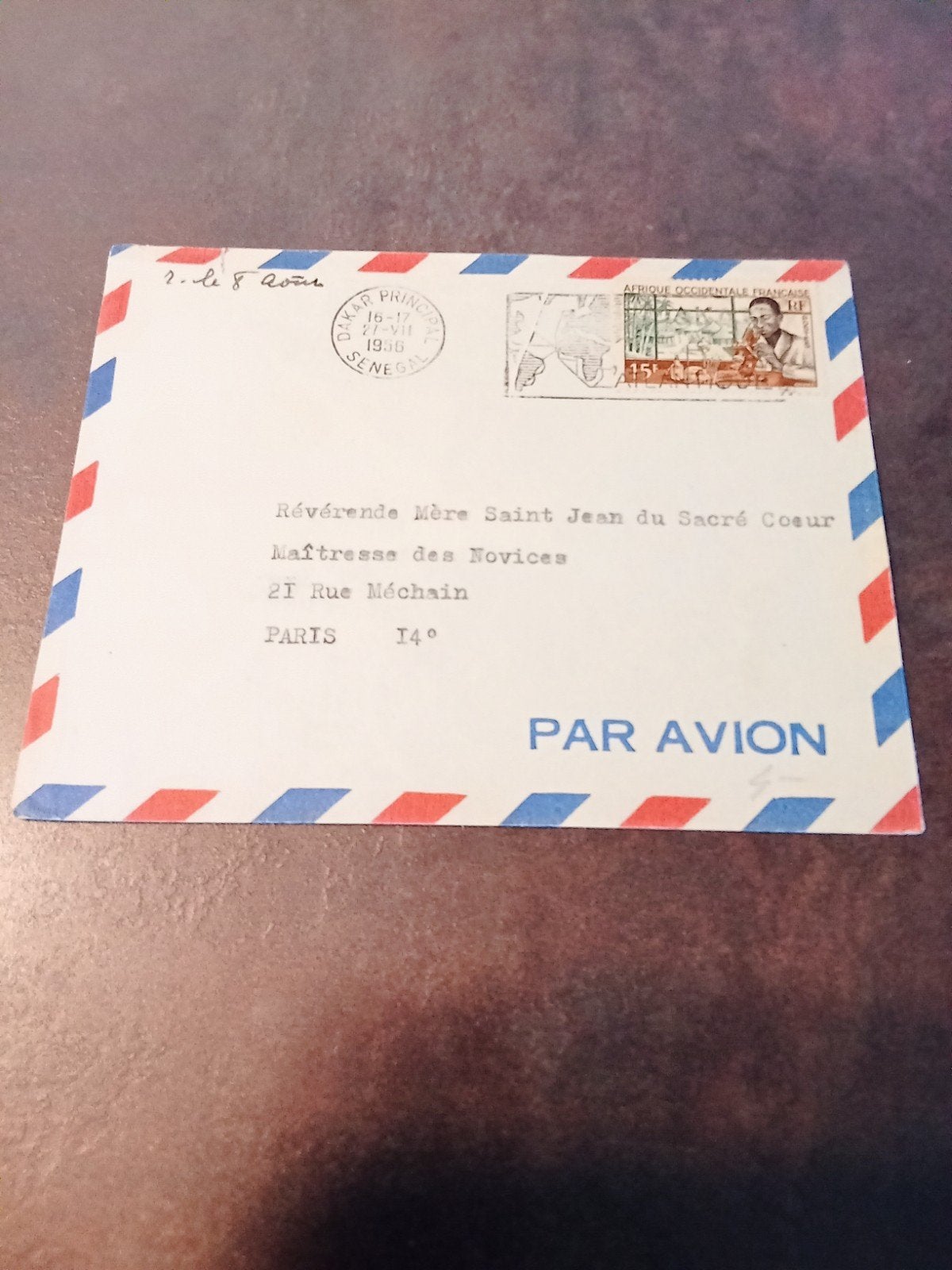 Oude luchtpostbrief aan nonnenklooster in Parijs 1956, Postzegels en Munten, Ophalen of Verzenden, Envelop