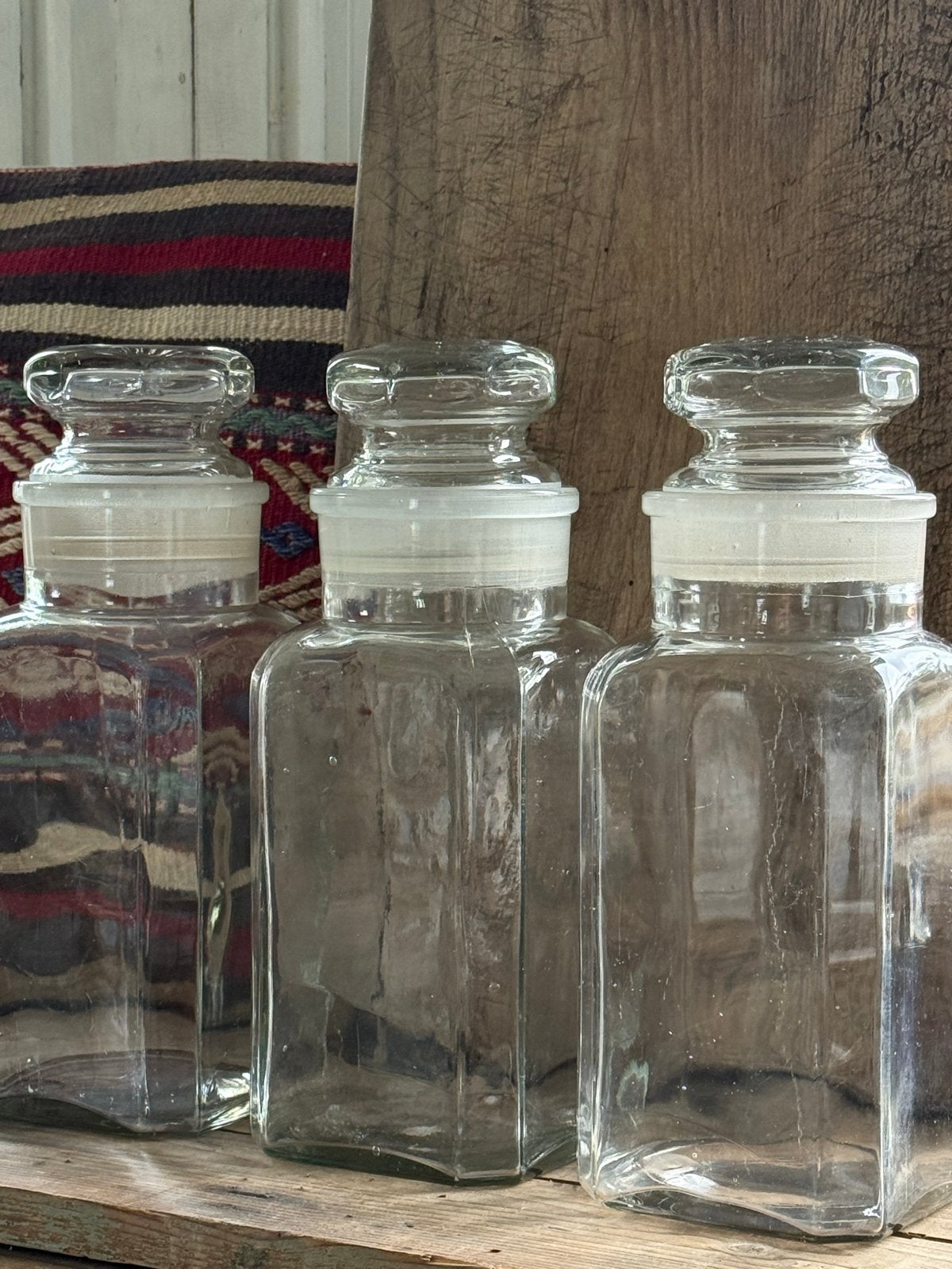 Set van 3 oude glazen voorraadpotten met stop, Ophalen of Verzenden