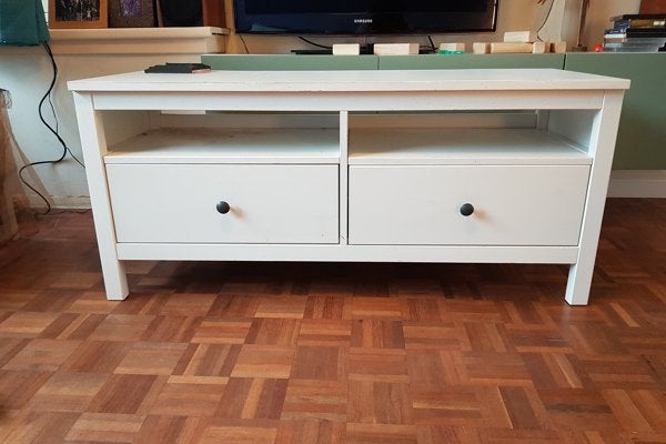 Witte TV-meubel met lades en open vakken (IKEA HEMNES), Ophalen, Gebruikt, 100 tot 150 cm, Minder dan 100 cm