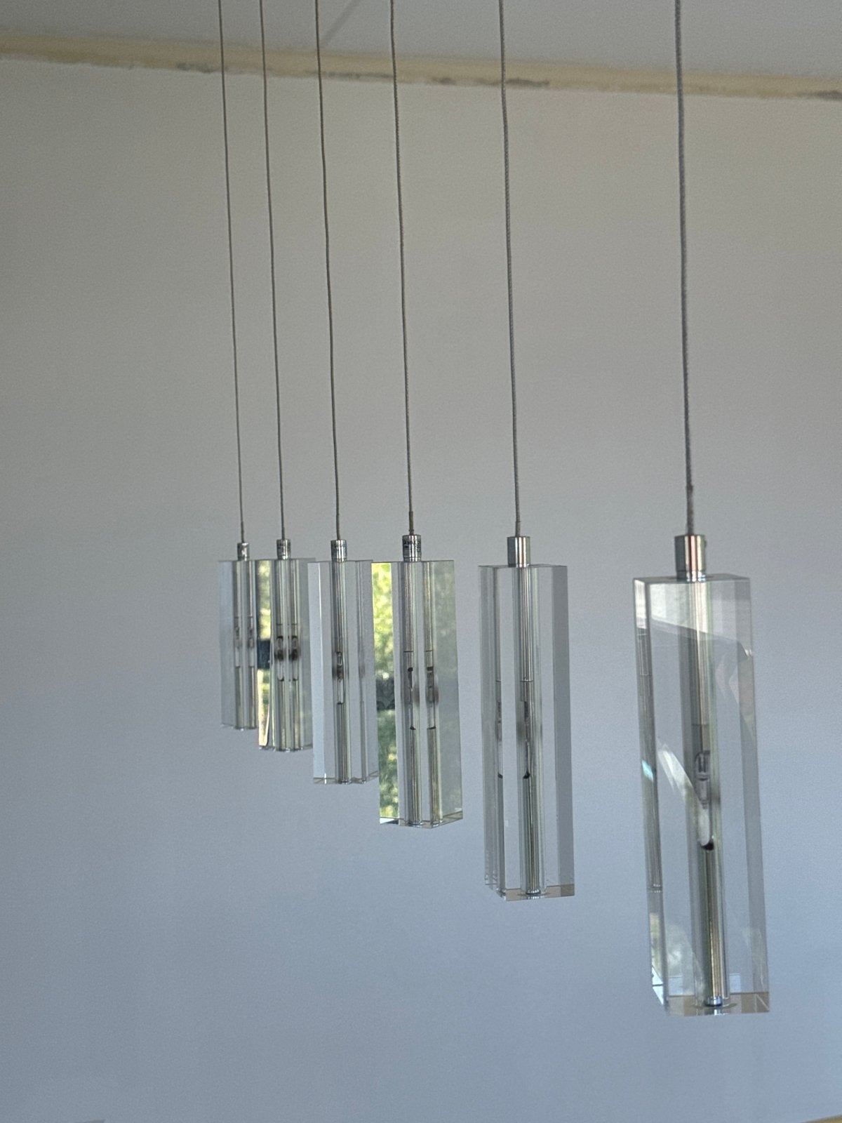 Moderne hanglamp met 6 glazen cilinders, Ophalen, Zo goed als nieuw, Glas, Overige fittingen