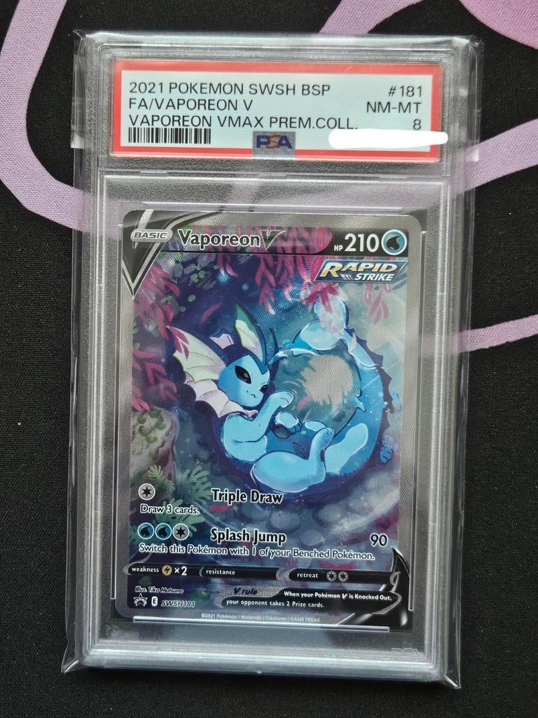 Pokemon Vaporeon V SWSH 181 Promo PSA 8 NM-MT, Ophalen of Verzenden, Zo goed als nieuw, Losse kaart, Foil