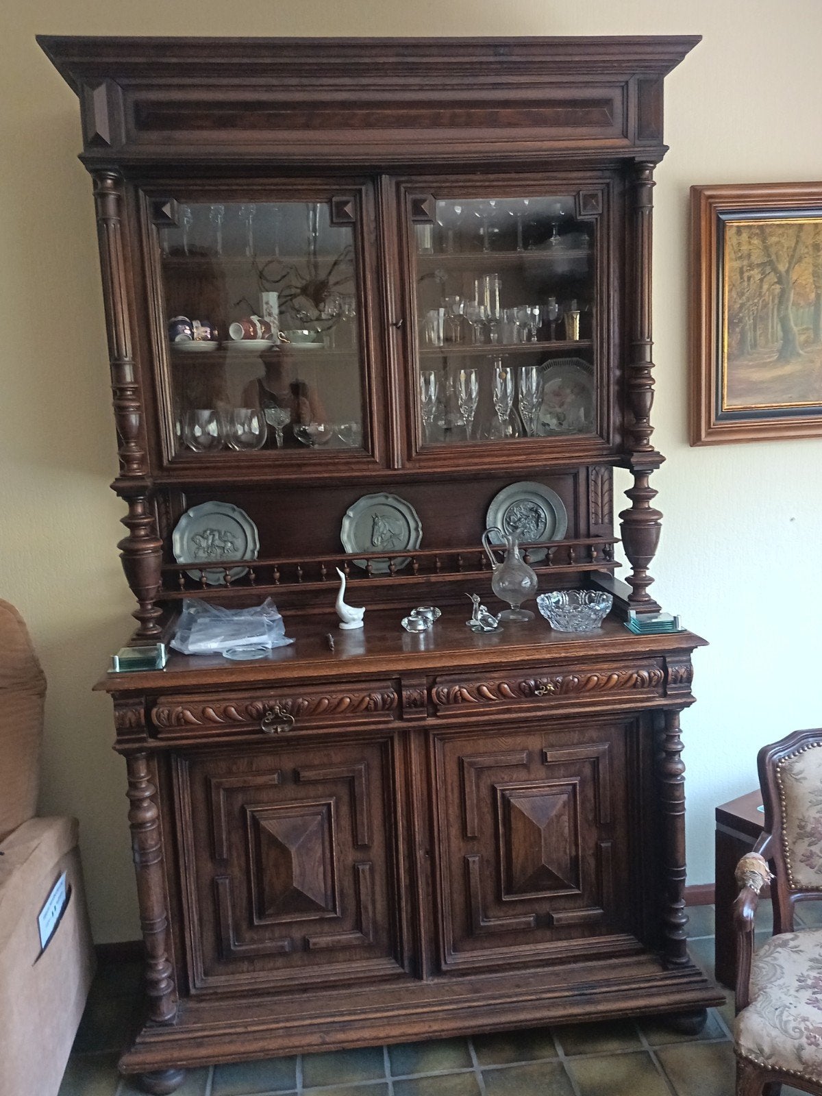Antieke Eiken Vitrinekast / Dressoir - Prachtig Houtsnijwerk, Ophalen