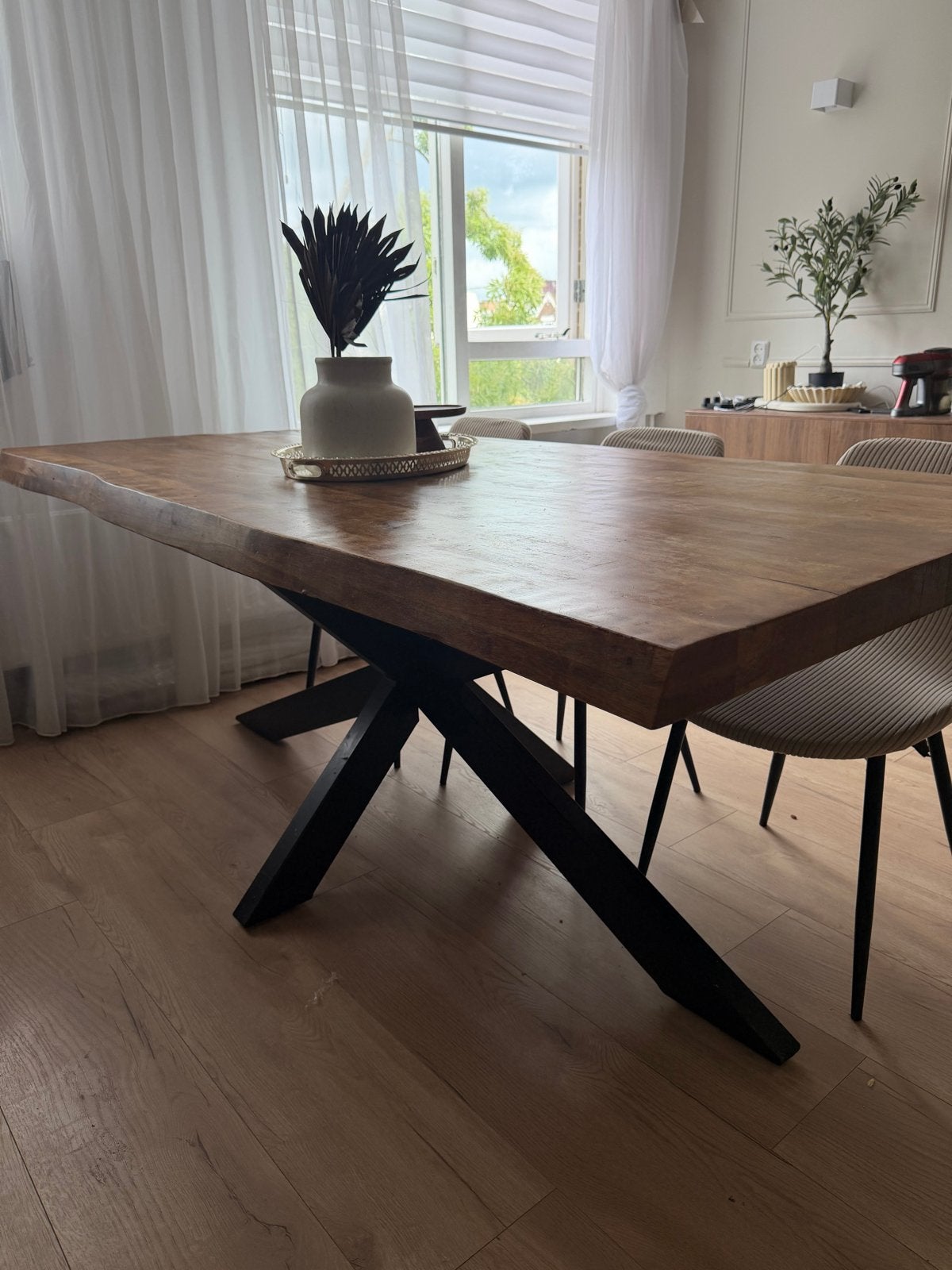 Mooie mangohouten eettafel - poten demontabel, 200 cm of meer, Zo goed als nieuw, Rechthoekig, Overige houtsoorten