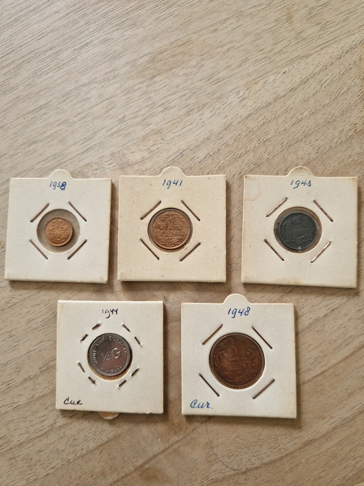 Set van 5 Nederlandse munten uit de periode 1938-1948, Ophalen, Koningin Wilhelmina, 1 cent, Setje
