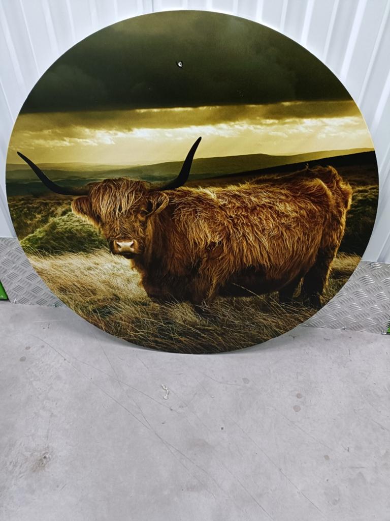 Wandcirkel met Schotse Hooglander - Unieke Wanddecoratie, Huis en Inrichting, Woonaccessoires | Wanddecoraties, Ophalen, Zo goed als nieuw