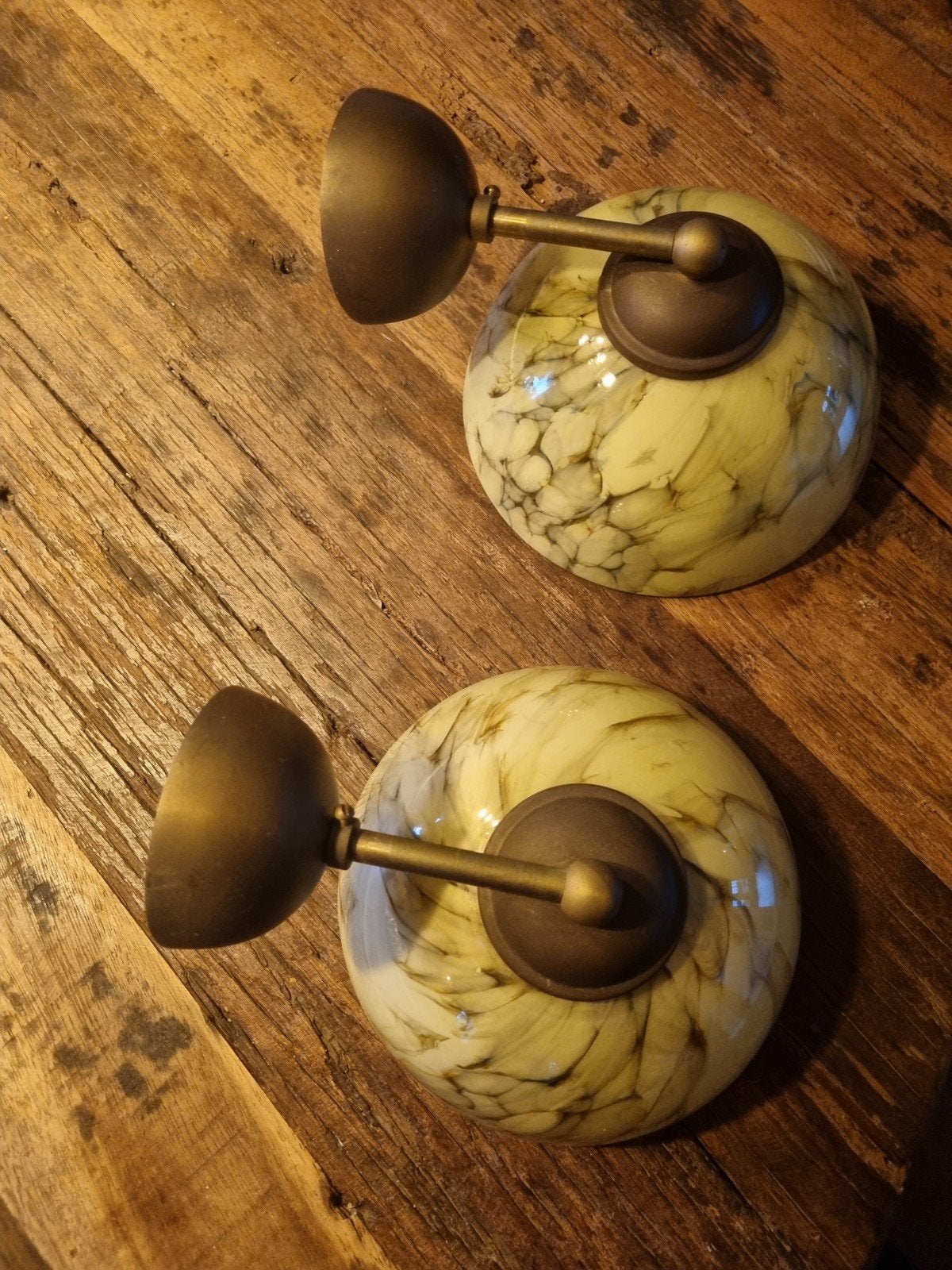 Set van 2 Vintage Art Deco Wandlampen met Gemarmerd Glas, Huis en Inrichting, Lampen | Wandlampen, Ophalen of Verzenden, Gebruikt