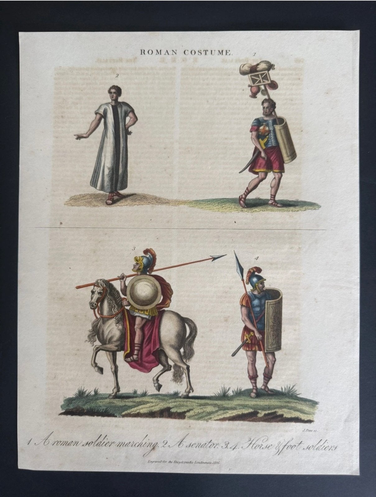 Antieke HandgekleurdeGravure Roman Costume’Romeinse Soldaten, Handgekleurd, 1800 - 1899, Militair, Ophalen of Verzenden