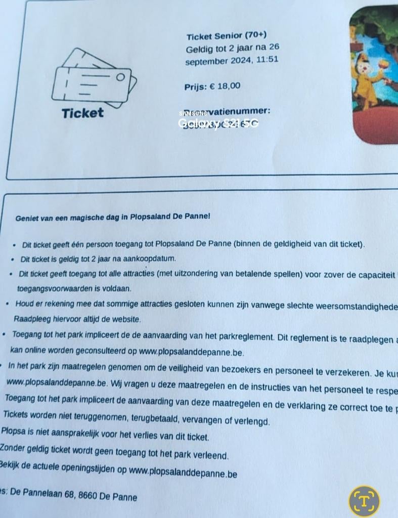 2 senioren  tickets Plopsaland de Panne België., Twee personen, Ticket of Toegangskaart