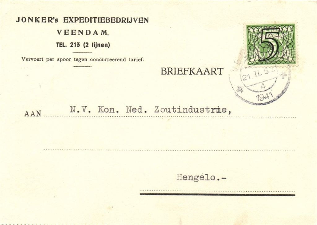 Jonker Expeditiebedrijven Veendam - 02.1941 - briefkaart, Ophalen of Verzenden, Briefkaart