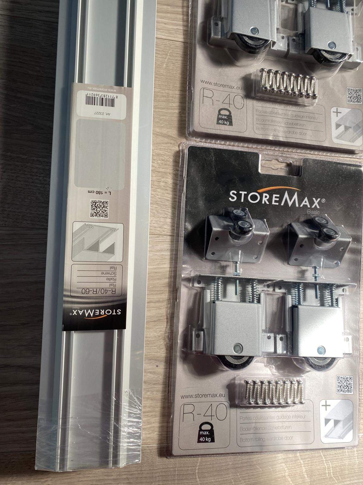Storemax r40 rail 180 en 4 rollersets, Ophalen of Verzenden, Zo goed als nieuw, 25 tot 50 cm, 150 tot 200 cm