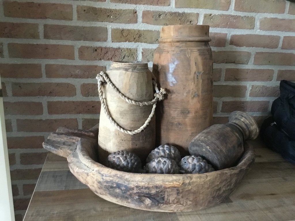 Grote houten nepalese vaas stoer en sober landelijk, Huis en Inrichting, Gebruikt, Ophalen of Verzenden, 40 cm, Hout