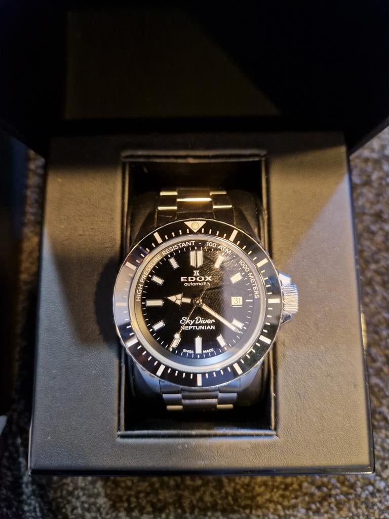 Edox Skydiver Neptunian Duikhorloge -Zwarte Wijzerplaat, Overige merken, Staal, Staal, Polshorloge