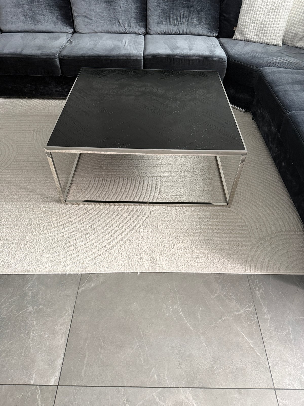 Salontafel zwart visgraat met zilveren onderstel, Huis en Inrichting, Ophalen, Gebruikt, Vierkant, 50 tot 100 cm