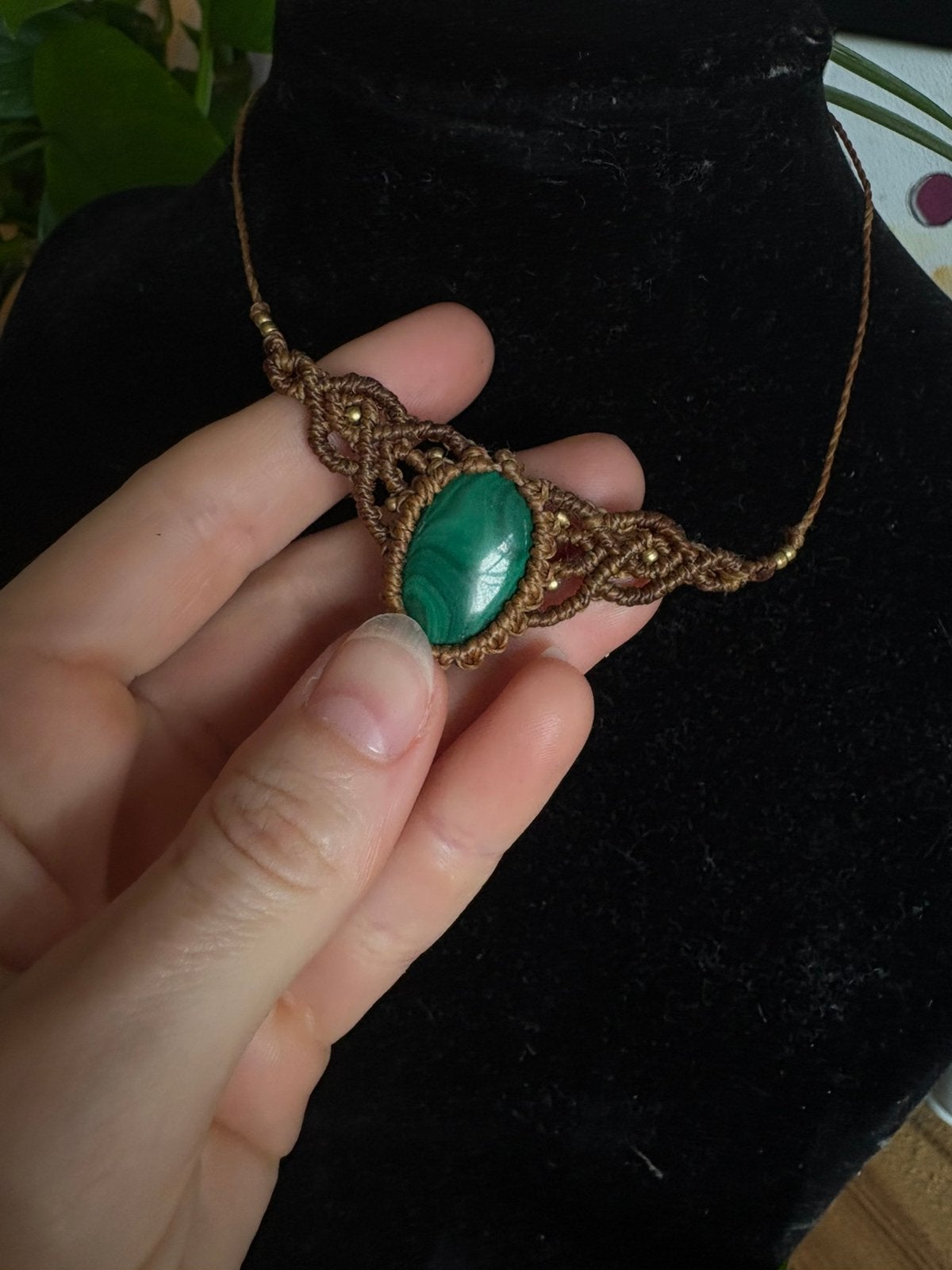 Malachiet ketting (macrame), Sieraden, Tassen en Uiterlijk, Kettingen, Verzenden, Nieuw, Verstelbaar, Steen of Mineraal