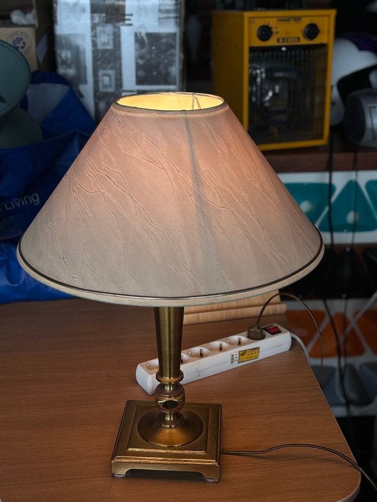 Vintage messing tafellamp met stoffen kap  CS26913, Gebruikt, Overige merken, Vintage, E27 (groot)