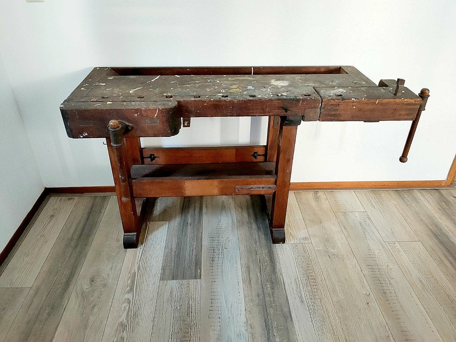 Antieke industriële werkbank werktafel keukenblok sidetable., Ophalen, Gebruikt, Bankschroef