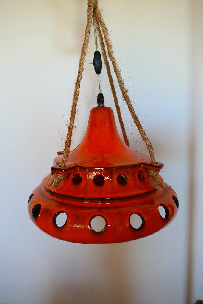 Vintage keramiek seventies oranje hanglamp retro, Keramiek, Zo goed als nieuw, Retro, E27 (groot)