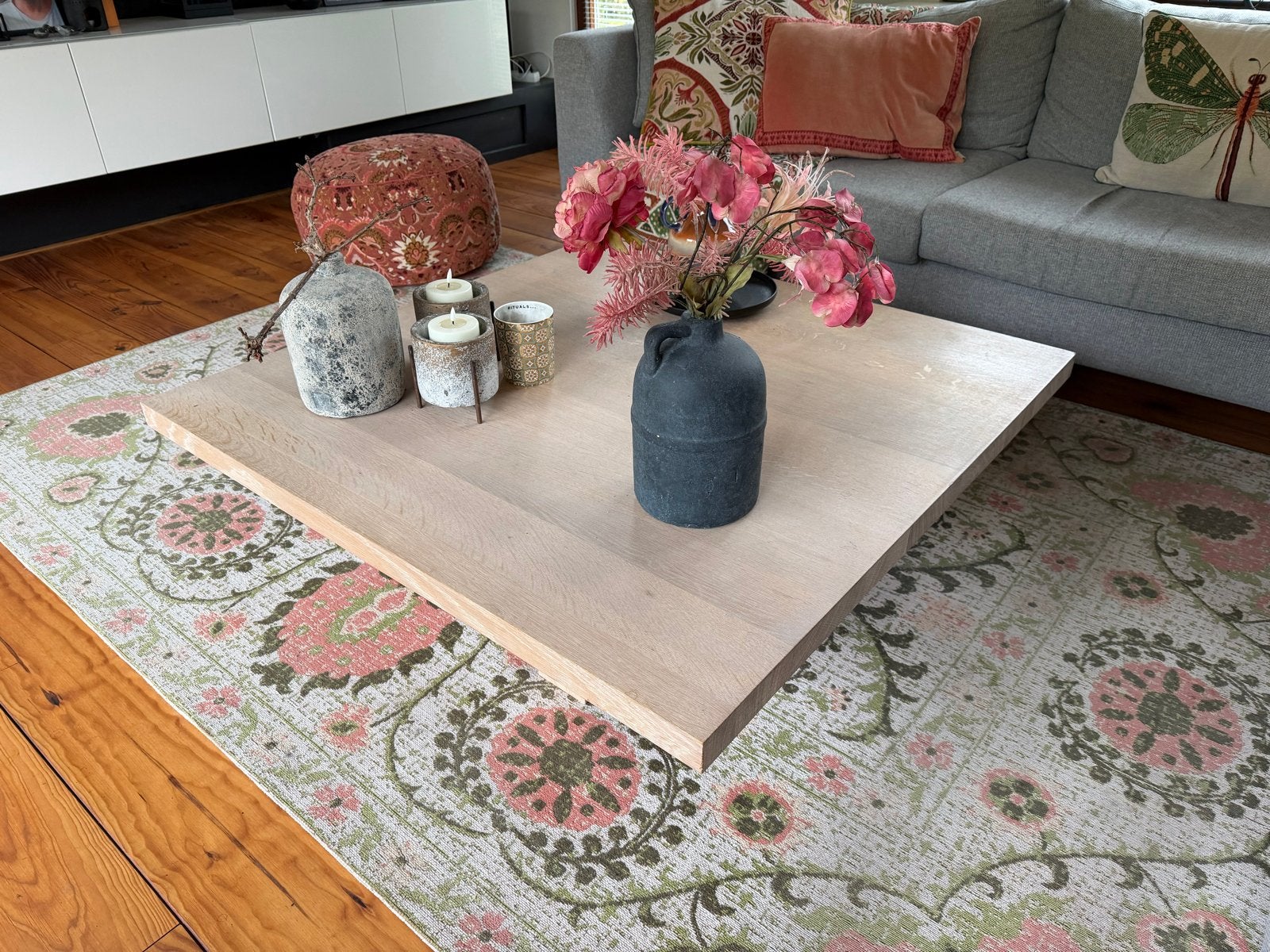 Salontafel massief eiken blad met metalen/eiken onderstel., Ophalen, Gebruikt, Design/modern, 5 – 50