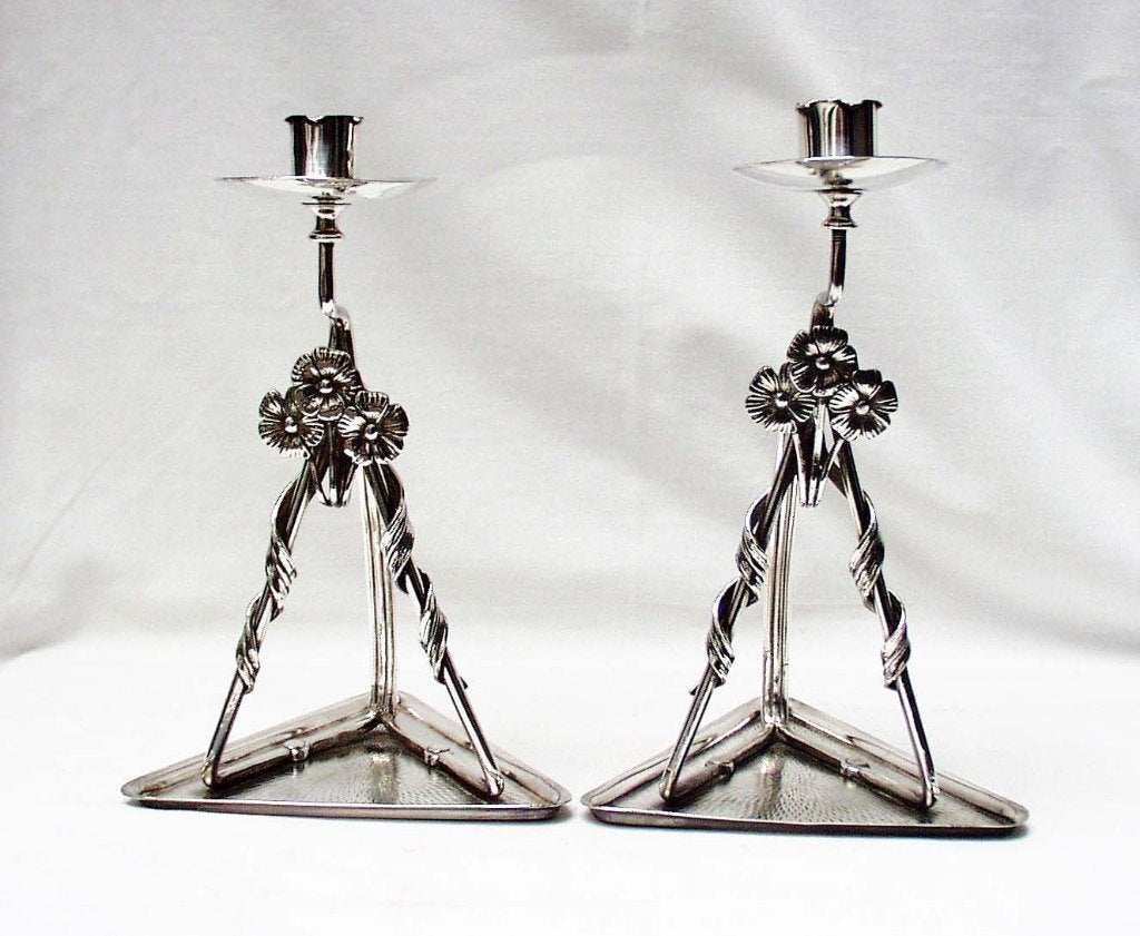 Paar Art Nouveau kandelaars - Genève - Chaudronnier., Ophalen of Verzenden, Koper of Brons