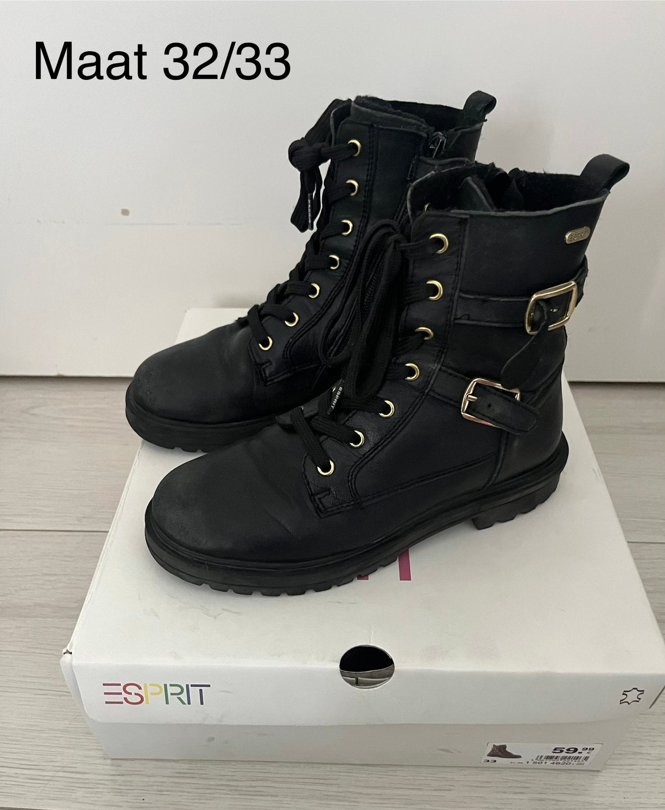 Zwart leren boots met rits en veters,maat 32/33,merk: Esprit, Ophalen of Verzenden, Gebruikt, Meisje, Schoenen