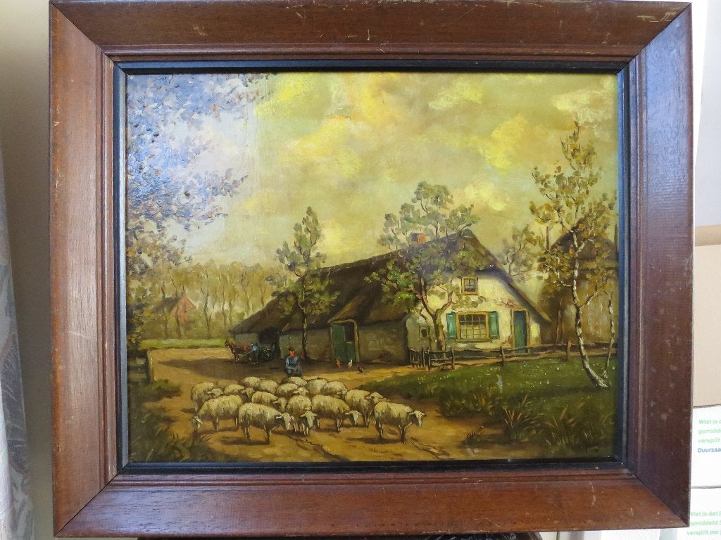prachtig geschilderd op hout boerderij met schapen 50/50cm, Ophalen of Verzenden