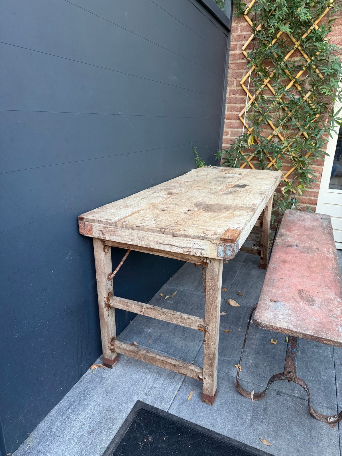 Robuuste houten tafel, vintage werkbank, indiase markttafel, Ophalen
