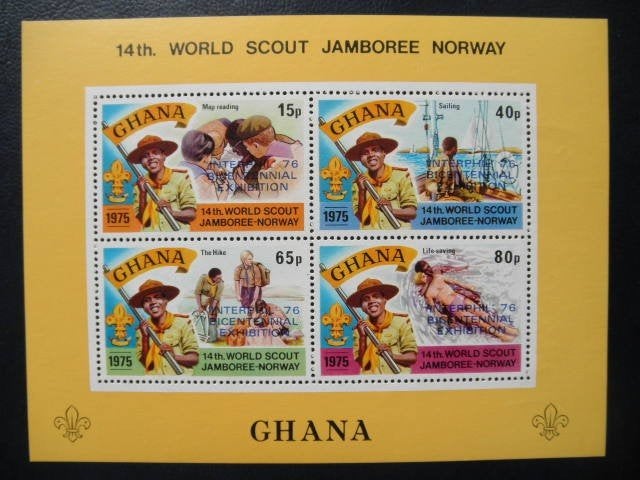 Postzegels Ghana 1976 scouting - opdruk - cw. 6,50 postfris, Ophalen of Verzenden, Overige landen, Postfris