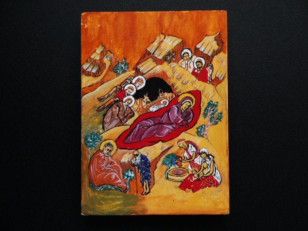 Een handbeschilderd Icoon afbeelding kerst kerststal, Antiek en Kunst, Ophalen of Verzenden