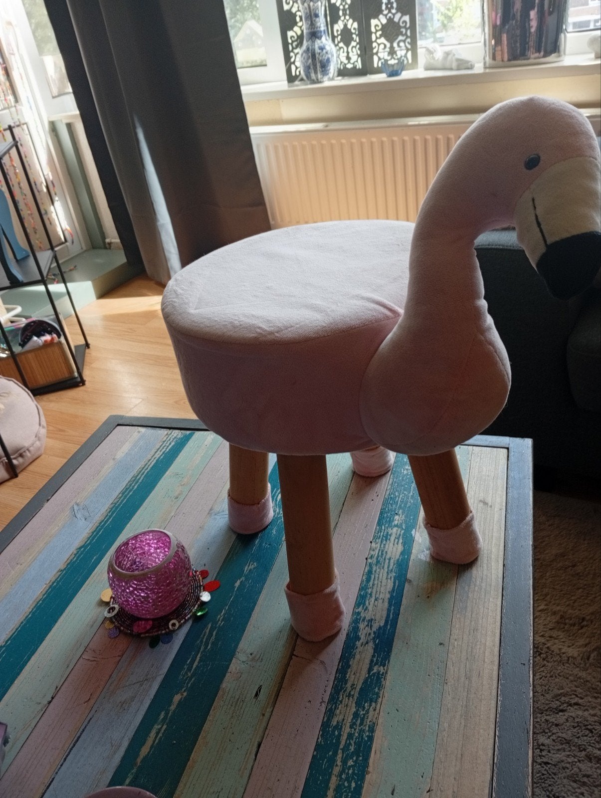 Roze flamingo krukje/voetenbankje, Ophalen, Zo goed als nieuw, Hout