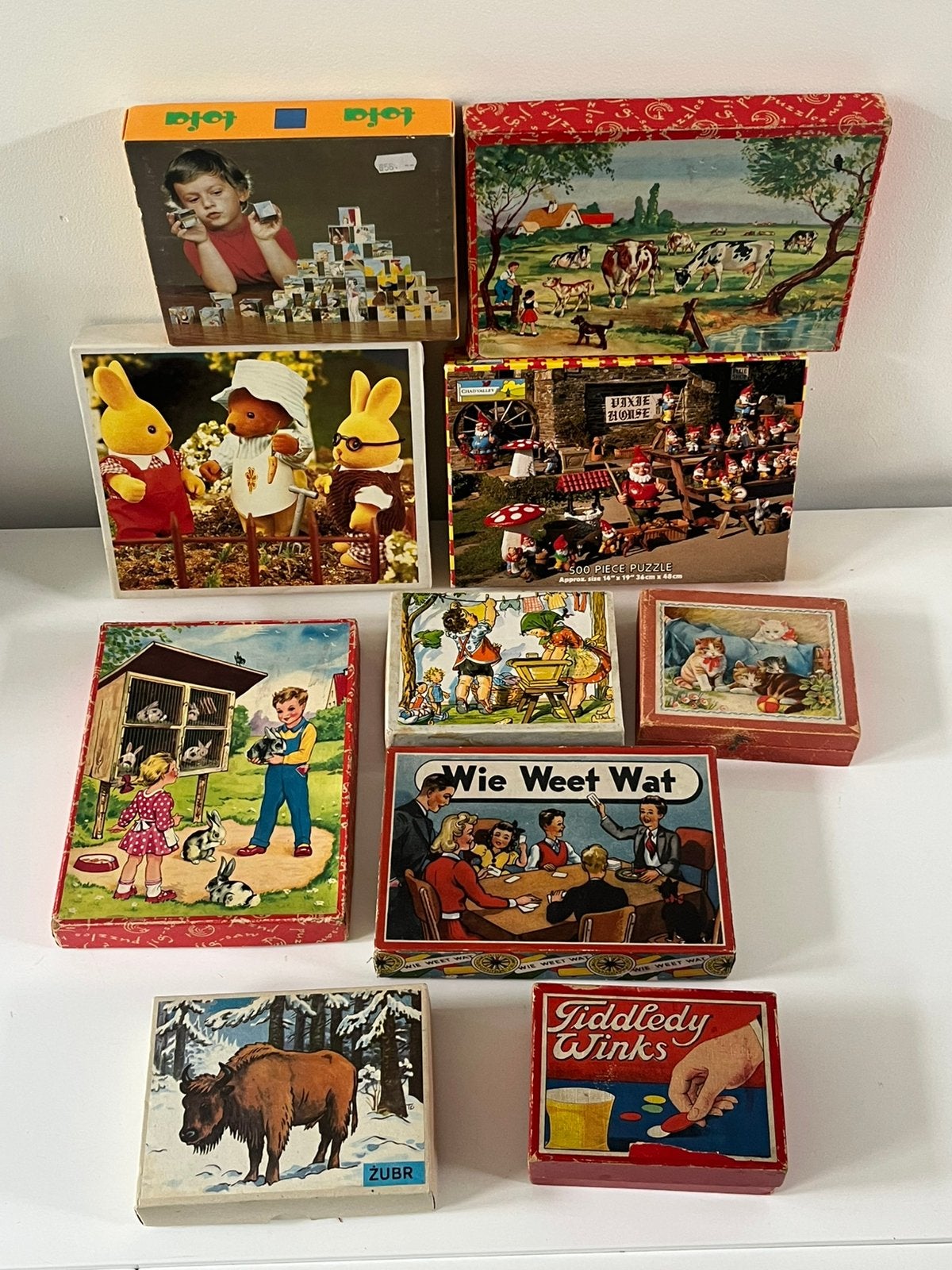 10x Oude bordspellen, puzzels en blokkenspellen jaren 50/60, Verzenden, Gebruikt