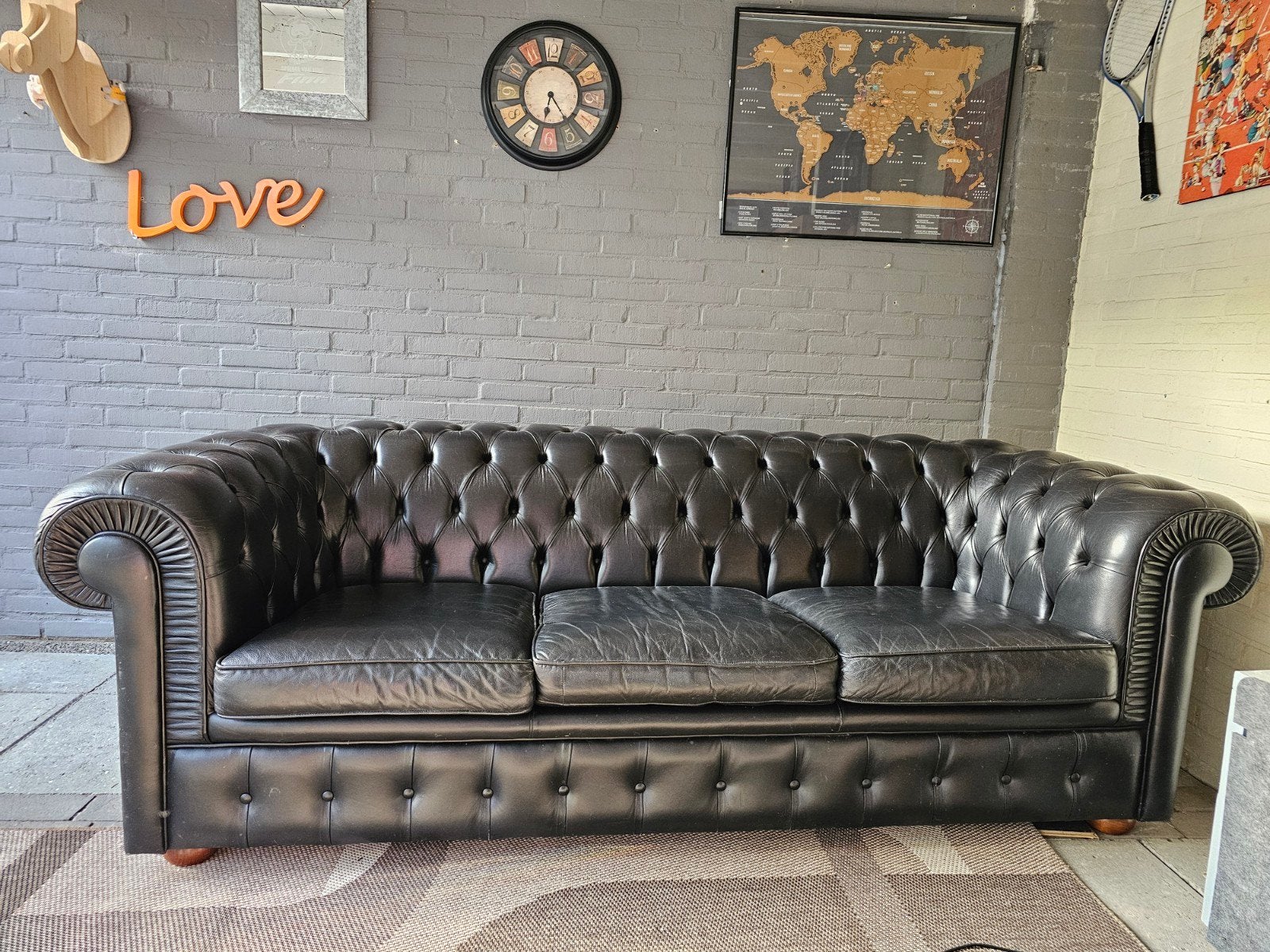 Luxe Zwarte Chesterfield Bank - 3-zits Leer, Ophalen, Gebruikt, Chesterfield, Driepersoons