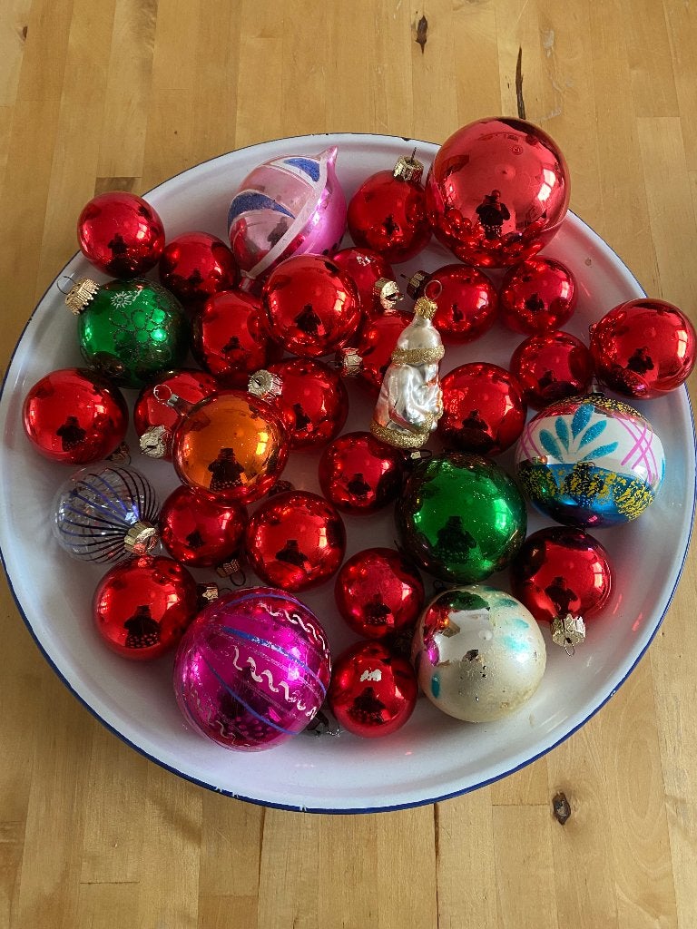 32 Vintage Kerst Kerstbal pegel kerstman gekleurd glas zgan, Ophalen of Verzenden, Zo goed als nieuw