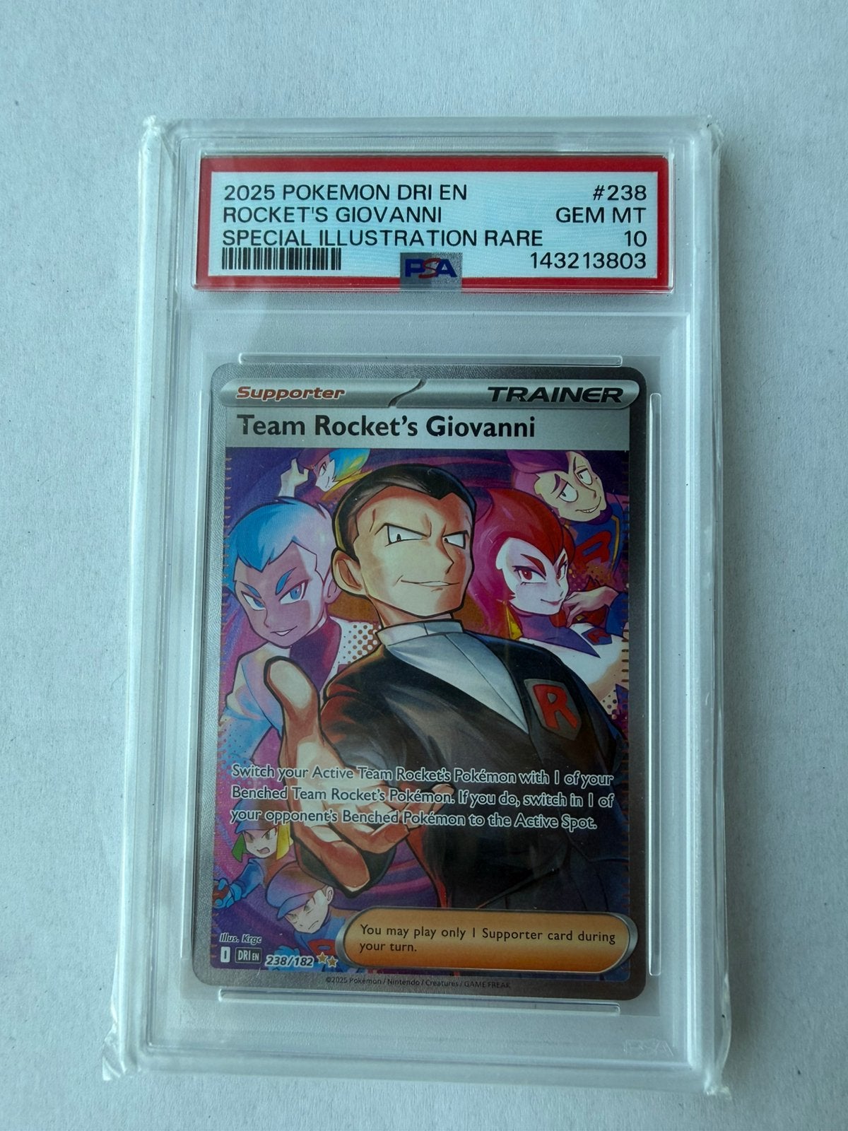 Pokémon Team Rocket’s Giovanni 238/182 SIR PSA 10 Gem Mint, Ophalen of Verzenden, Zo goed als nieuw