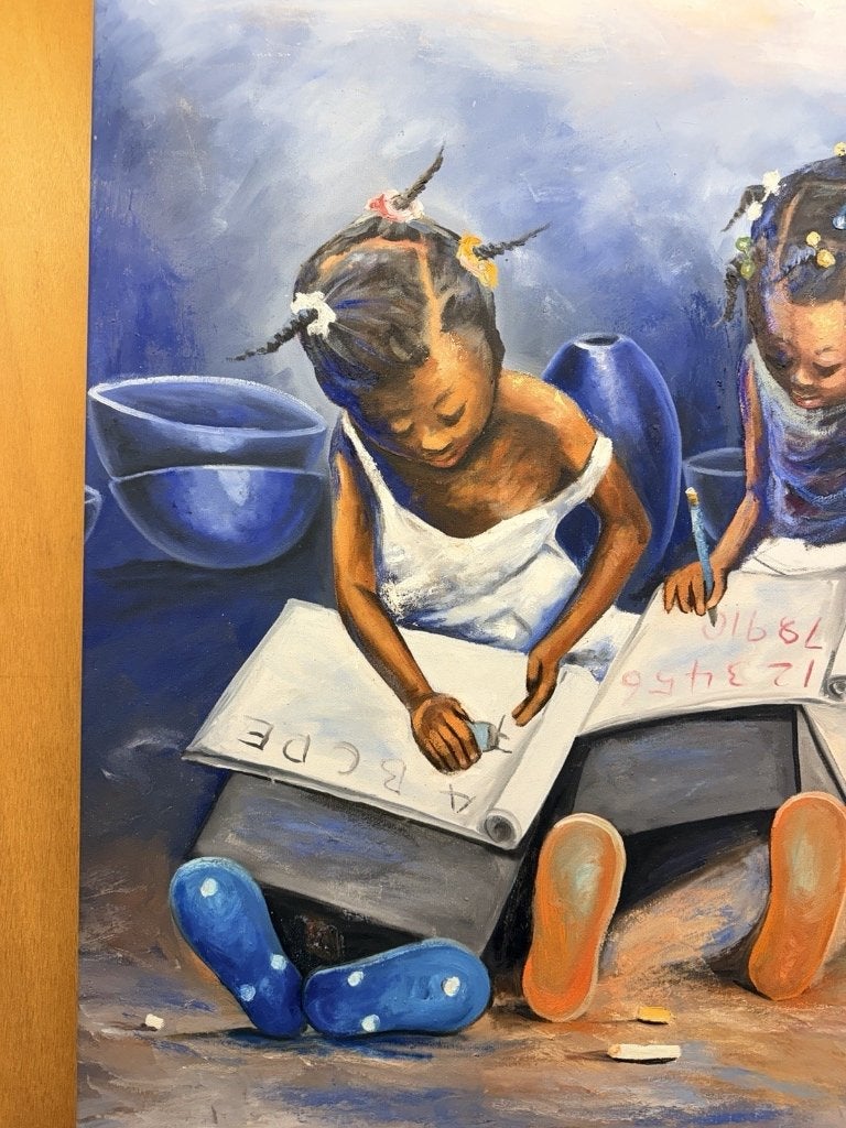 261064 - Large 135x90 cm African painting learning children, Ophalen of Verzenden
