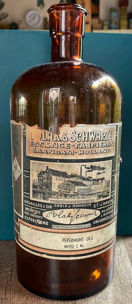 Antieke pepermuntolie emballage fles Zaandam  jaren ‘20, Verzenden, Gebruikt, Verpakking