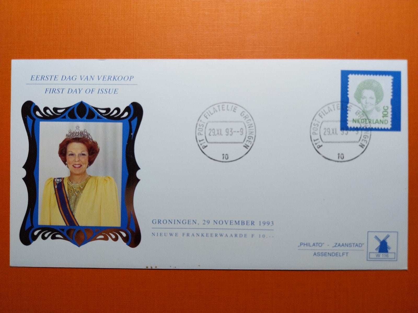 Fdc 1993 Philato W116 Beatrix 10 gulden, Verzenden, Onbeschreven, Nederland
