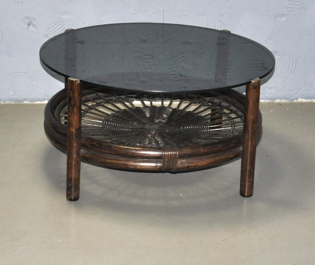 Vintage rotan salontafel., Ophalen, Gebruikt, 50 tot 100 cm, Glas