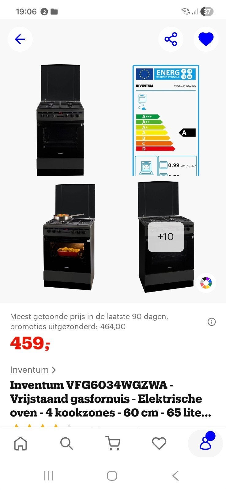 Inventum VFG6034WGZWA Vrijstaand gasfornuis met oven, Ophalen, Hete lucht, 4 kookzones, Zo goed als nieuw