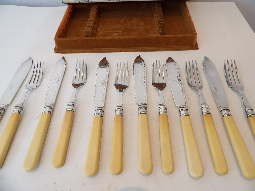 Gaaf Engels Art Deco Vis/Dessert Bestek, 6-persoons, Doos, Antiek en Kunst, Antiek | Bestek, Ophalen of Verzenden