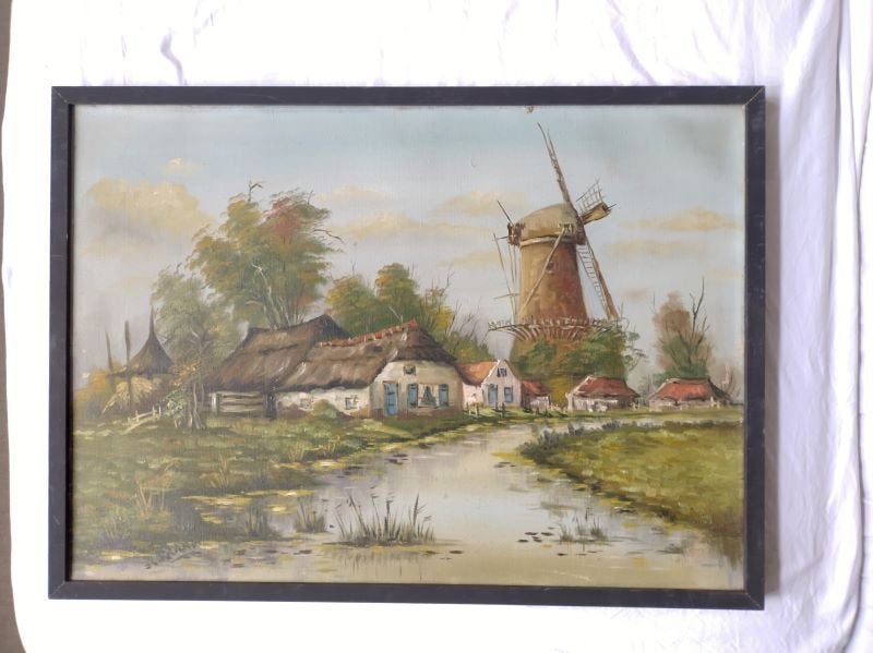 Schilderij Vaart met molen, boerderijen en hooiberg, Doek, Ophalen of Verzenden, Olieverf, Klassiek