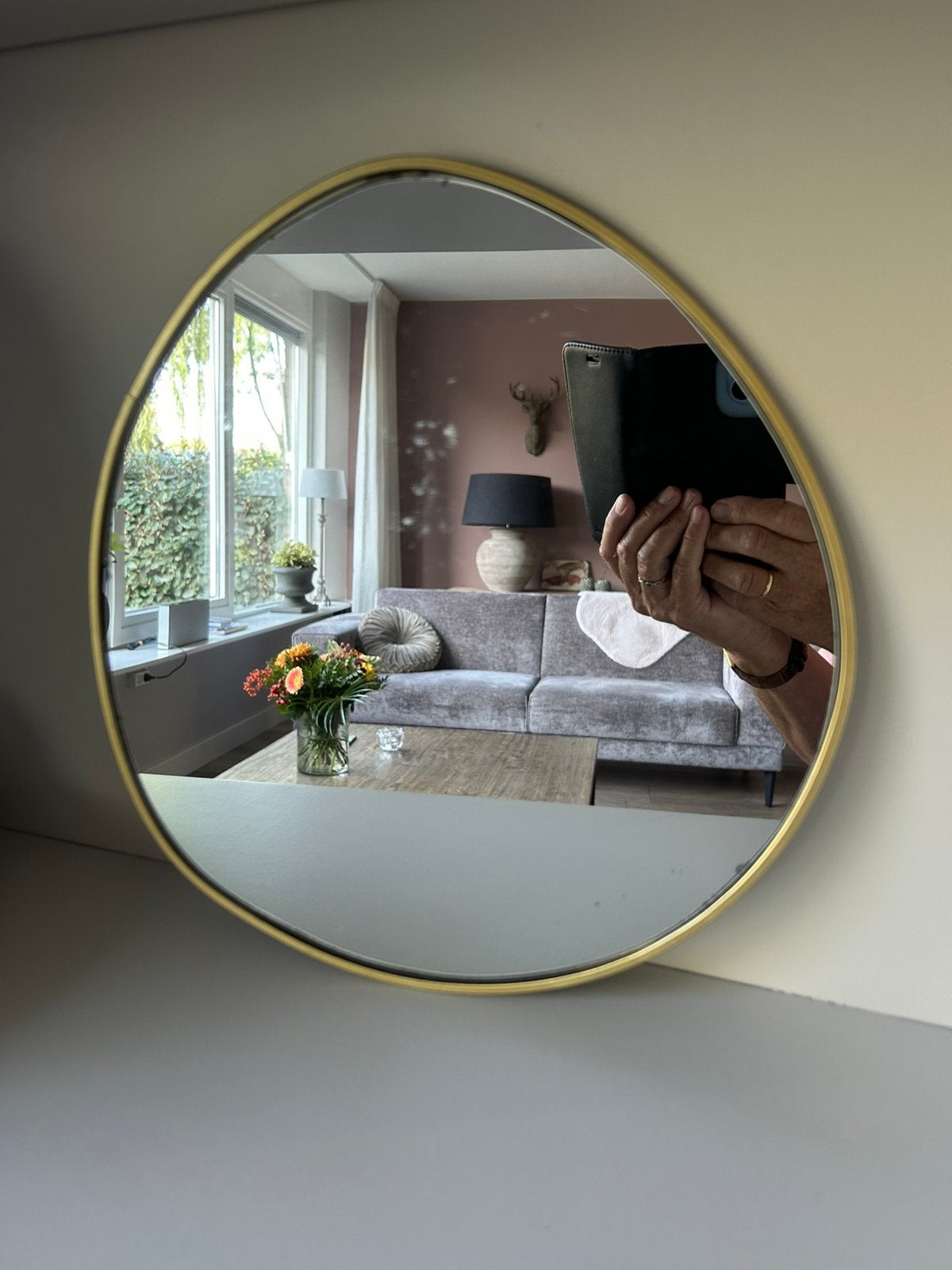 Goudkleurig spiegeltje, Minder dan 50 cm, Rond, Ophalen of Verzenden, Zo goed als nieuw