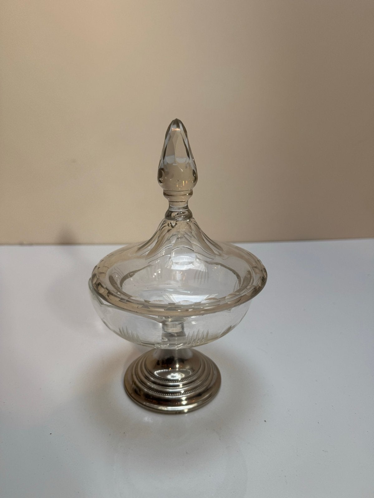 Antieke glazen bonbonnière met zilveren voet, Antiek en Kunst, Ophalen of Verzenden