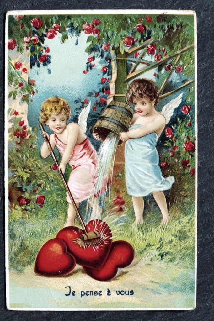 Reliefkaart Engeltjes poetsen hart in rozentuin, 1912, Verzamelen, Ansichtkaarten | Themakaarten, Verzenden, Voor 1920, Gelopen